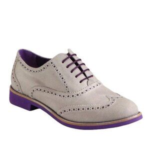 Cole Haan Taupe Suede Wingtip Oxfords with Purple Trim